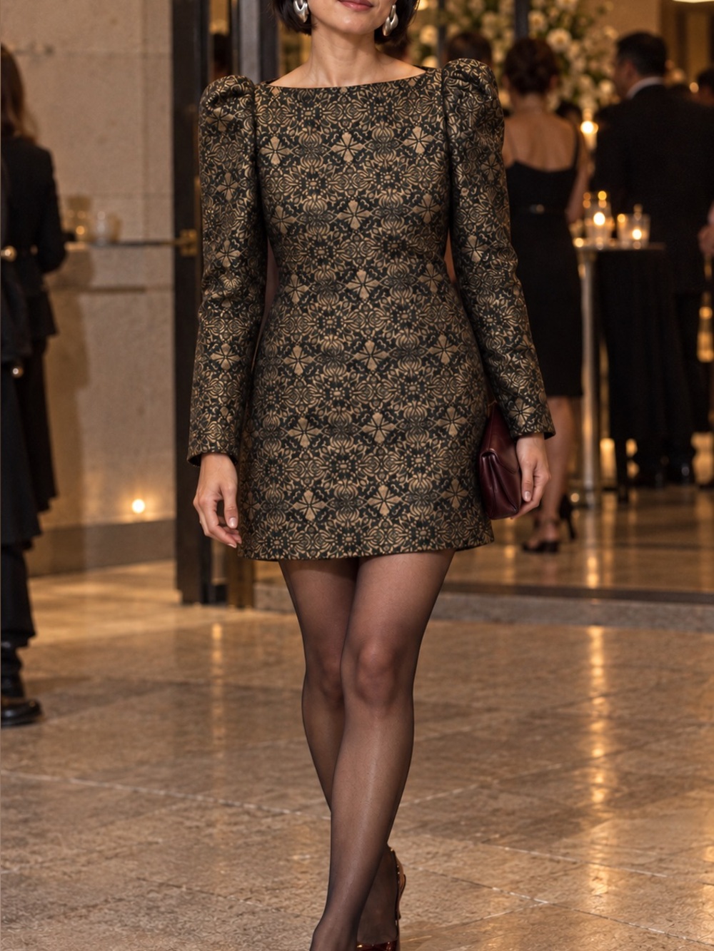 Black Gold Brocade Puff Shoulder Mini Cocktail Dress Wedding Guest Small